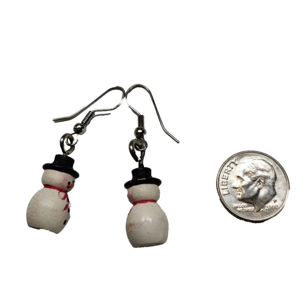 Vintage Wood Snowman Hoop Earrings Christmas Holiday